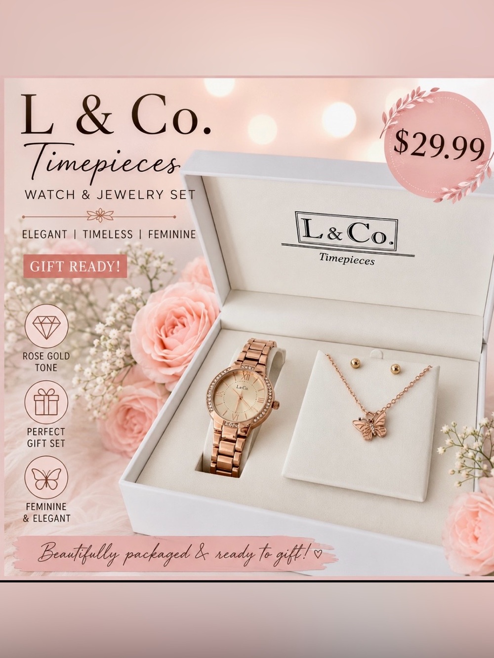 Rose Gold Watch and Jewelry Set